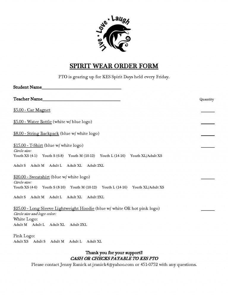 Spirit Wear Order Form Ketterlinus Elementary School